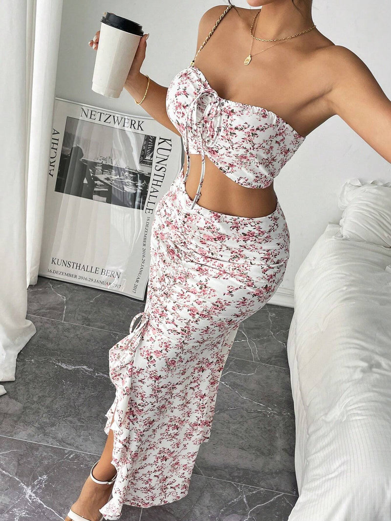 Prive conjunto de dos piezas de ropa de verano para mujer con top tubo plisado y falda larga con abertura, estampado floral diminuto romantico frances