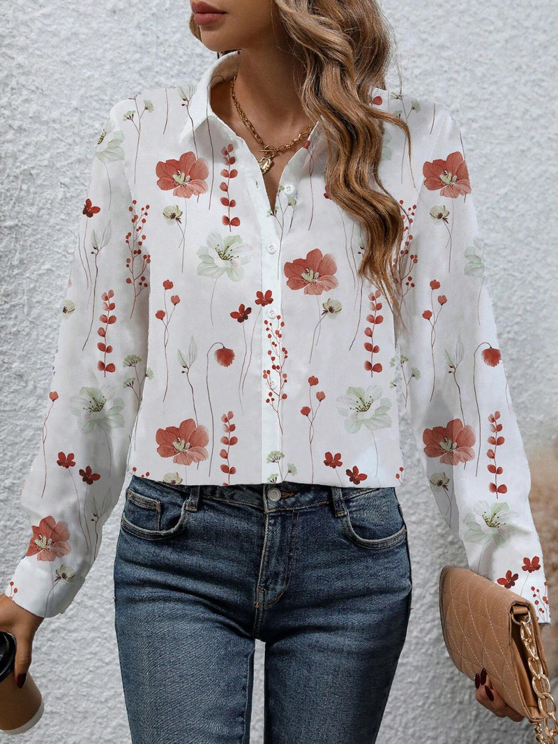 Camisa de mujer de manga larga con cuello abotonado estampada con flores