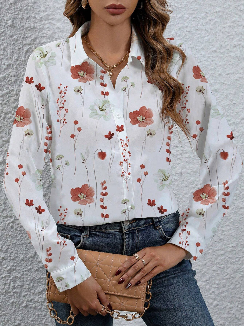 Camisa de mujer de manga larga con cuello abotonado estampada con flores