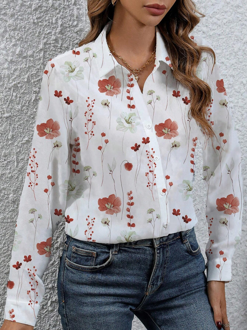 Camisa de mujer de manga larga con cuello abotonado estampada con flores