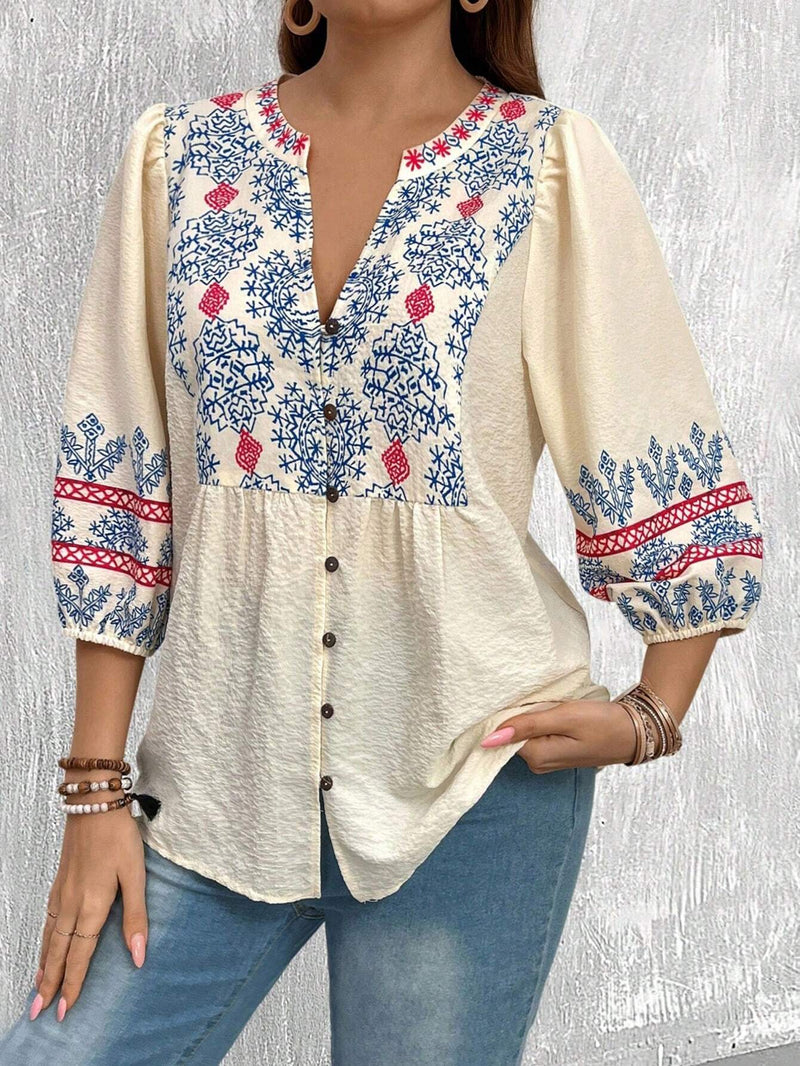 Blusa Casual con estampado de vacaciones y cuello en V para Mujer