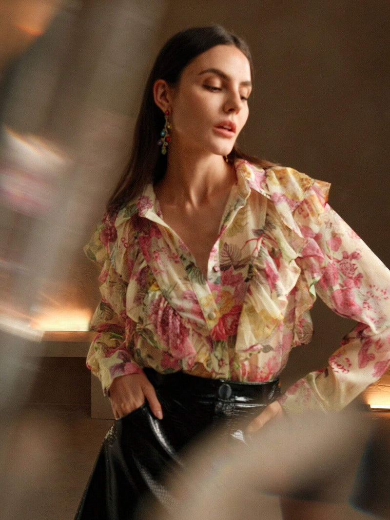 Anewsta Camisa de seda con estampado floral romantico arrugado, estilo de vacaciones para mujeres