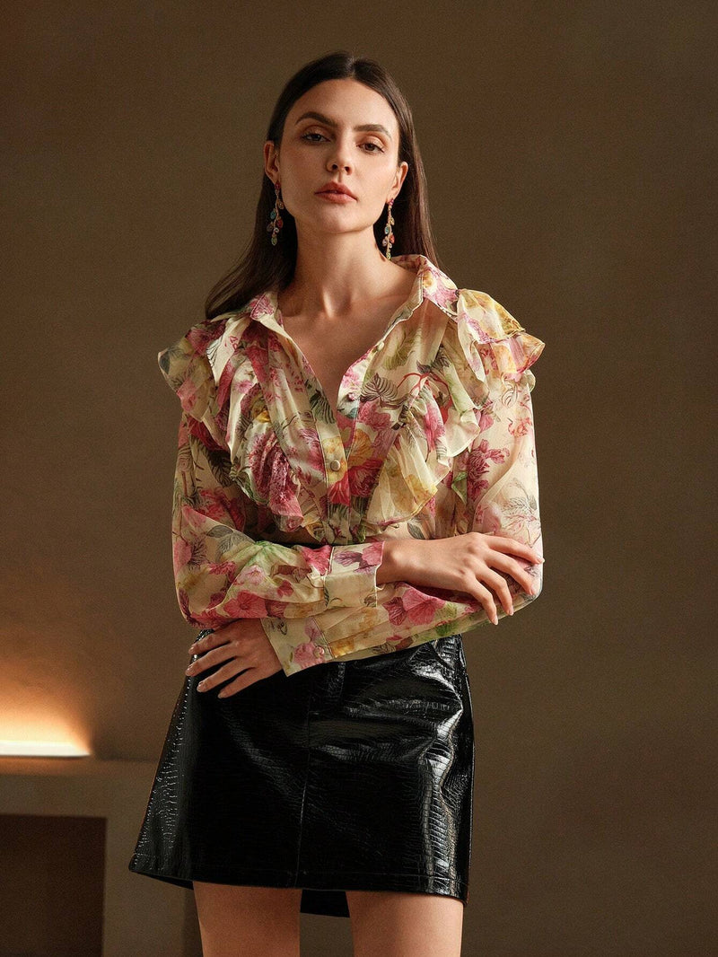 Anewsta Camisa de seda con estampado floral romantico arrugado, estilo de vacaciones para mujeres