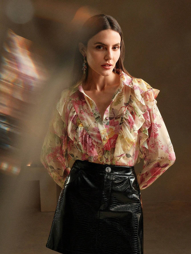 Anewsta Camisa de seda con estampado floral romantico arrugado, estilo de vacaciones para mujeres