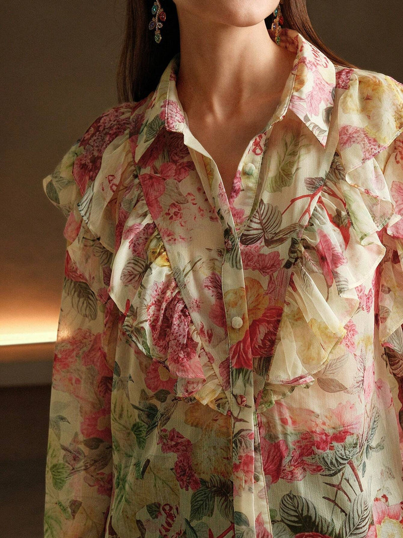 Anewsta Camisa de seda con estampado floral romantico arrugado, estilo de vacaciones para mujeres