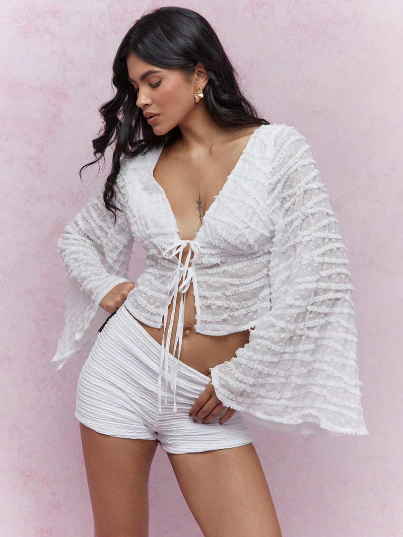 MISSGUIDED Parte superior con mangas largas abiertas con detalle de lazada y volantes texturizados