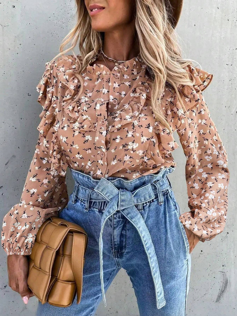 Camisa larga de mujer con botones y manga larga con pliegues, ribete de encaje y diseno floral en toda la prenda. Casual y perfecta para vacaciones.