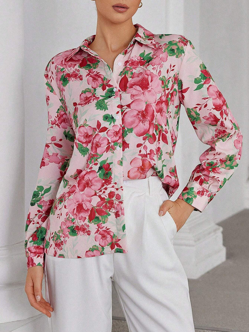 Camisa casual con botones de manga larga con estampado floral al azar