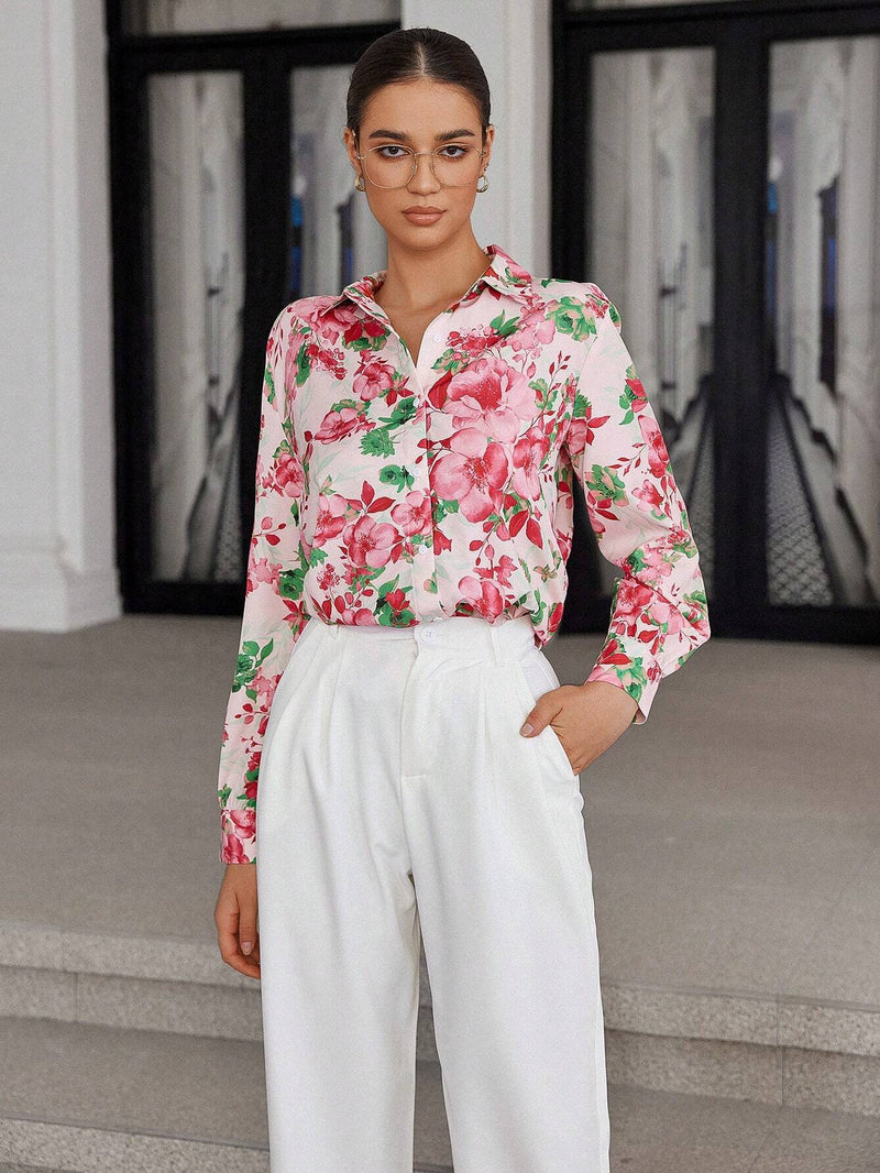 Camisa casual con botones de manga larga con estampado floral al azar