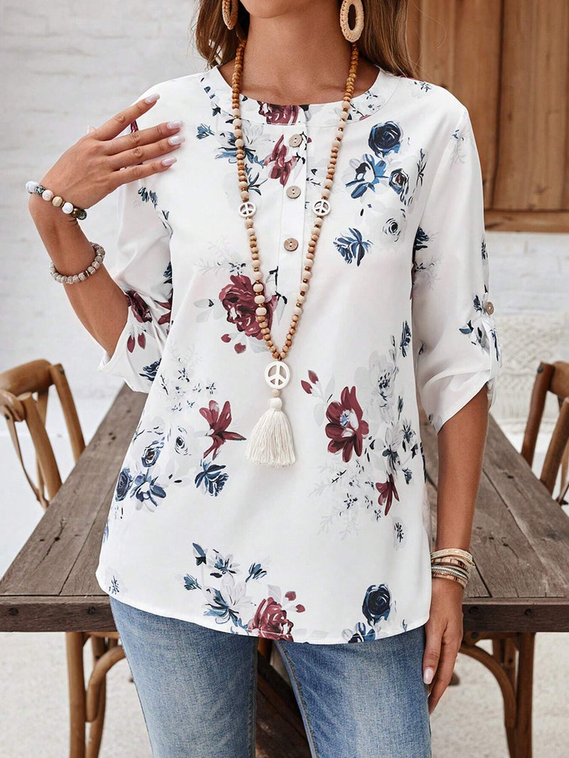 EMERY ROSE Camisa casual de mujer con estampado floral, cuello redondo y mangas enrolladas