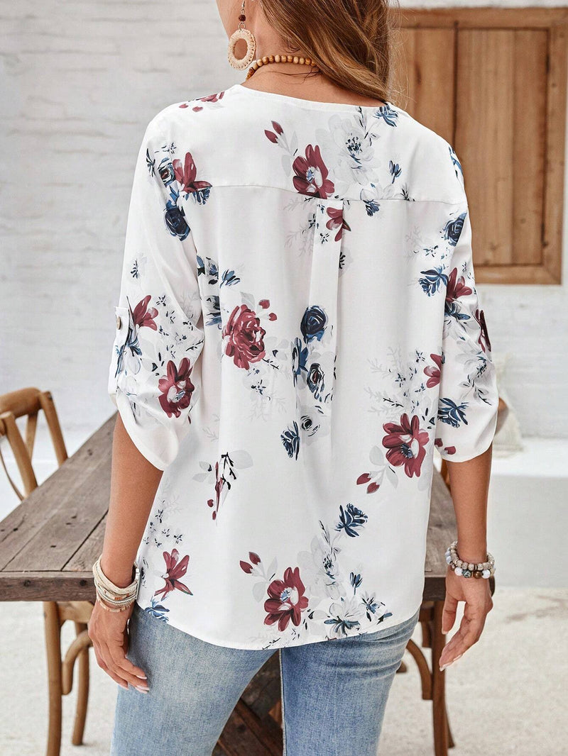 EMERY ROSE Camisa casual de mujer con estampado floral, cuello redondo y mangas enrolladas