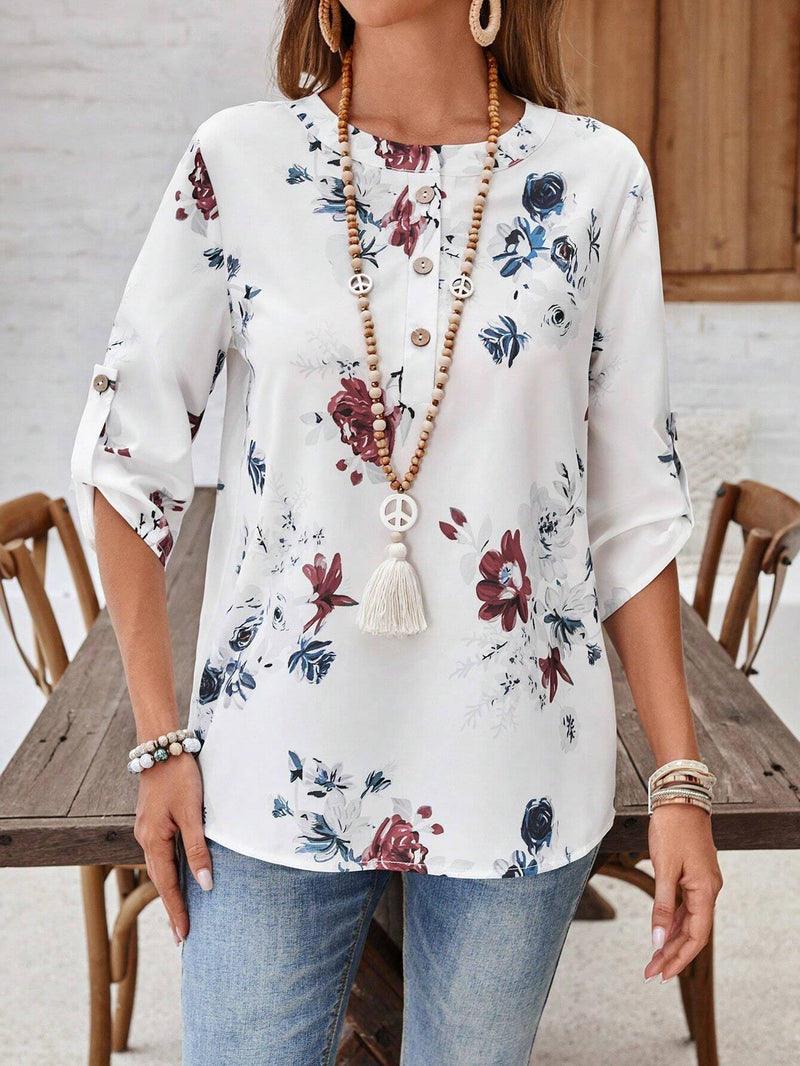 EMERY ROSE Camisa casual de mujer con estampado floral, cuello redondo y mangas enrolladas