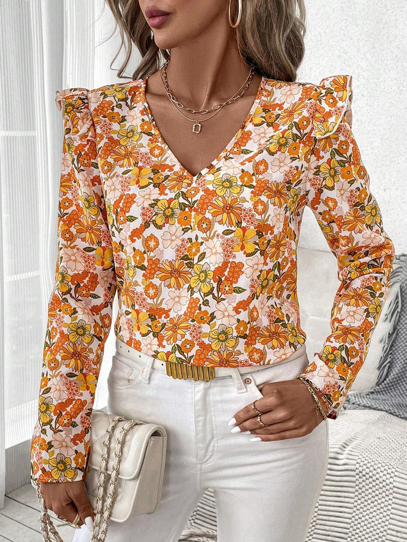 Blusa de manga larga con cuello en V de estilo vintage con estampado floral naranja para mujer, perfecta para uso diario, trabajo, citas y atuendos de maestra en primavera, otono e invierno