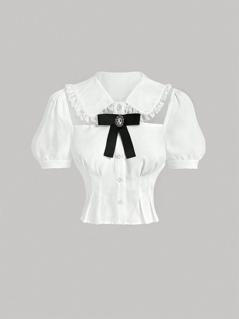 Blusa blanca de trabajo para mujeres con aplicacion de encaje hueco en la parte delantera, con lazo, ropa de regreso a la escuela, camisa para maestras