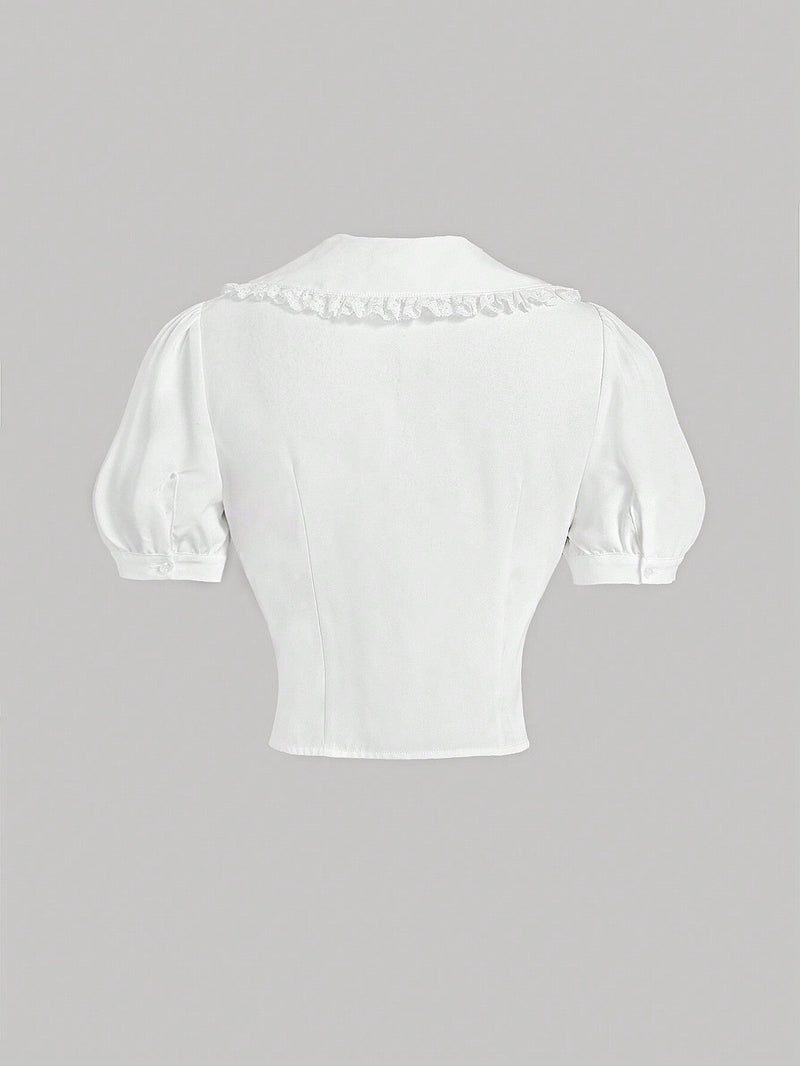 Blusa blanca de trabajo para mujeres con aplicacion de encaje hueco en la parte delantera, con lazo, ropa de regreso a la escuela, camisa para maestras