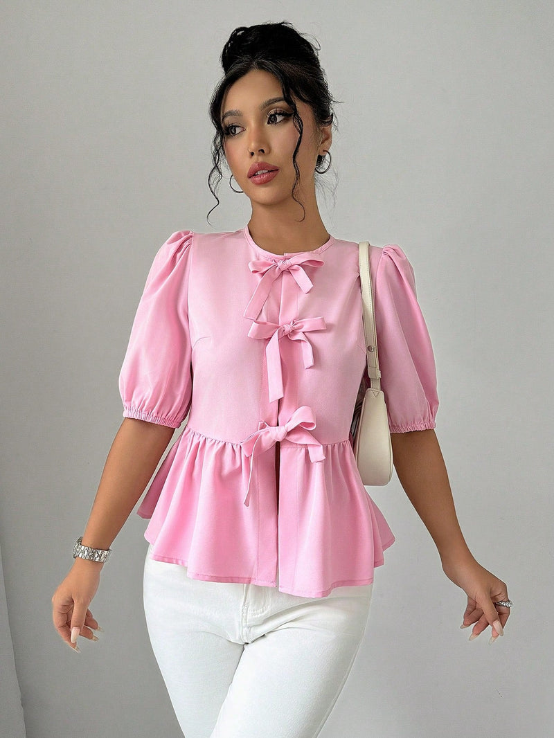 Camisa rosa de lazo solido para mujer, ideal para uso diario