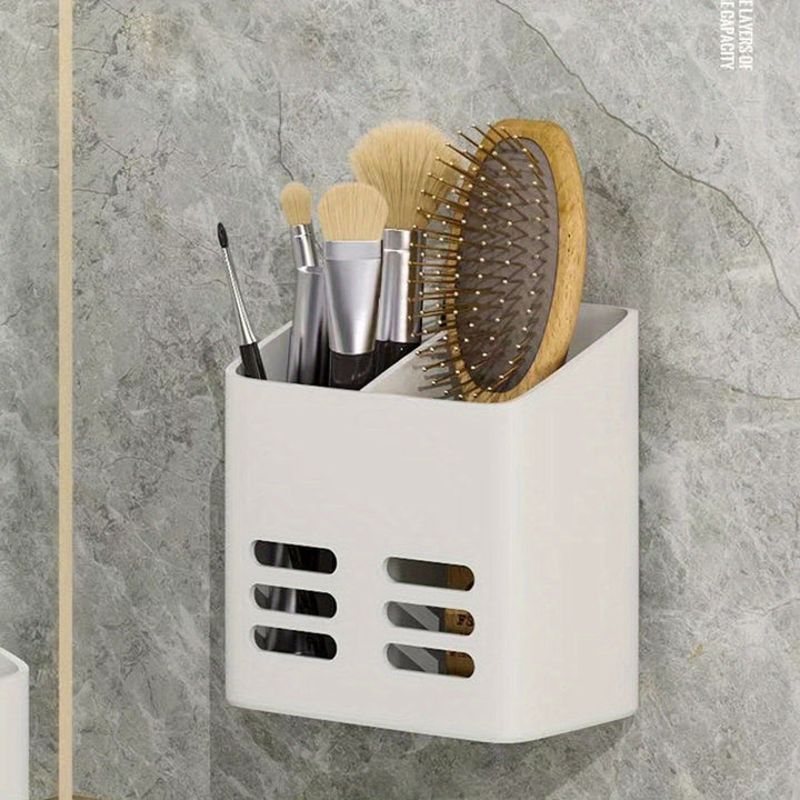 1 pieza, Organizador de almacenamiento de pared, estante multifuncional que no requiere taladro, con cesta de drenaje, para cosméticos de baño, con soporte para cepillo de dientes y peine, soporte para afeitadora, esenciales para cocina y baño, accesorio