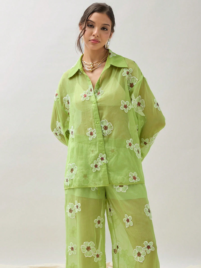 Camisa de moda de manga larga con hombro caido, decoracion floral de parche, ajuste holgado para mujer de primavera/verano