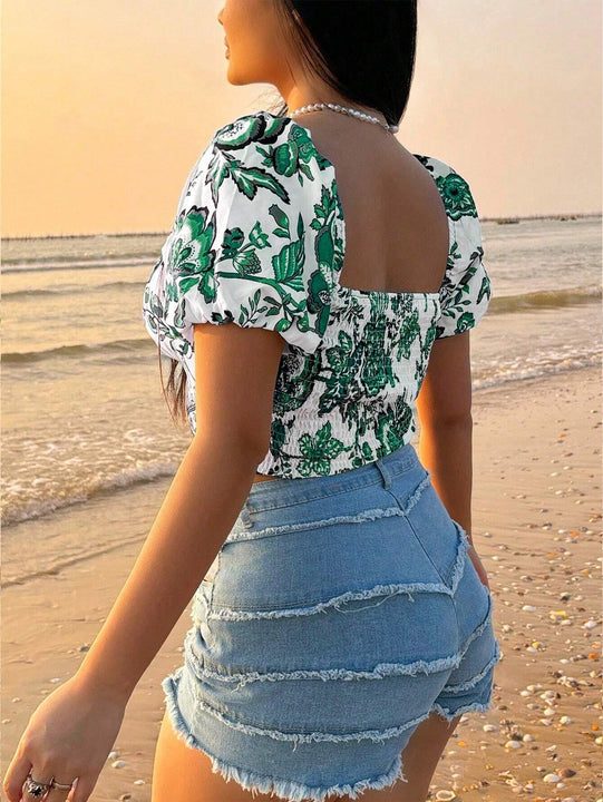 Camisa diaria/de resort simple con estampado aleatorio para mujer