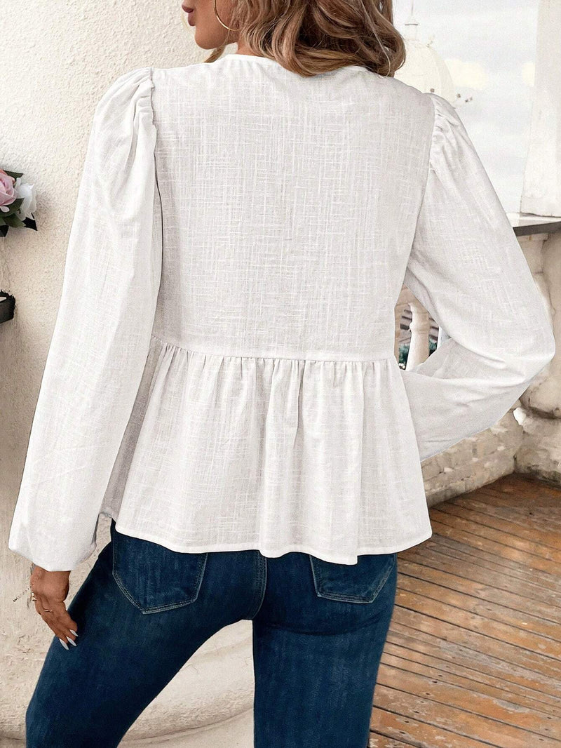 Clasi Camisa casual de mujer con orilla de volantes y unicolor, con cierre de lazo de lino para primavera/verano