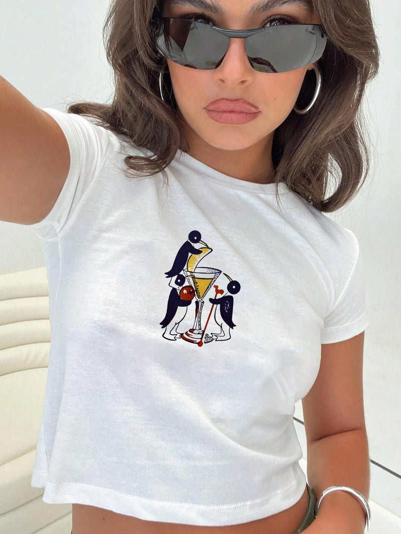 Camiseta casual de manga corta de cuello redondo de verano para mujer con estampado de pinguinos Y2K