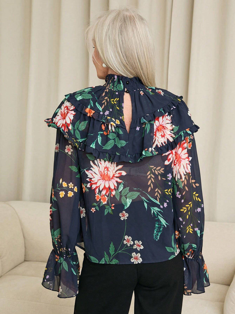 EMERY ROSE Blusa elegante holgada con volantes en el cuello y punos abombados, estampado floral para mujer primavera/verano