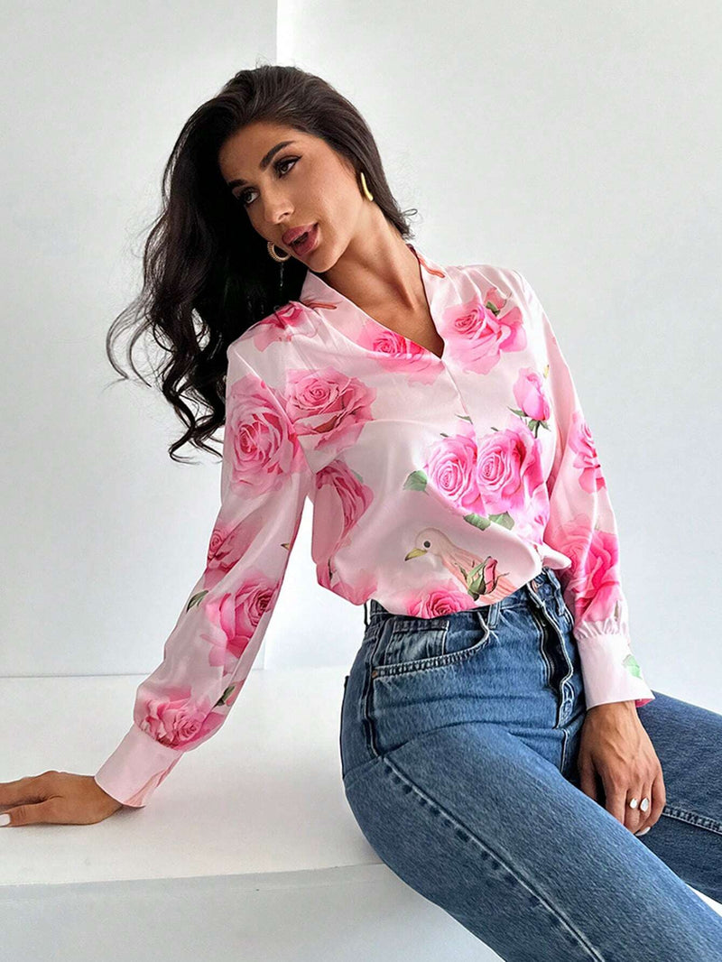 Camisa de estilo vacacional con estampado floral, mangas de farol recogidas, perfecta para citas, vacaciones y reuniones con la hermana