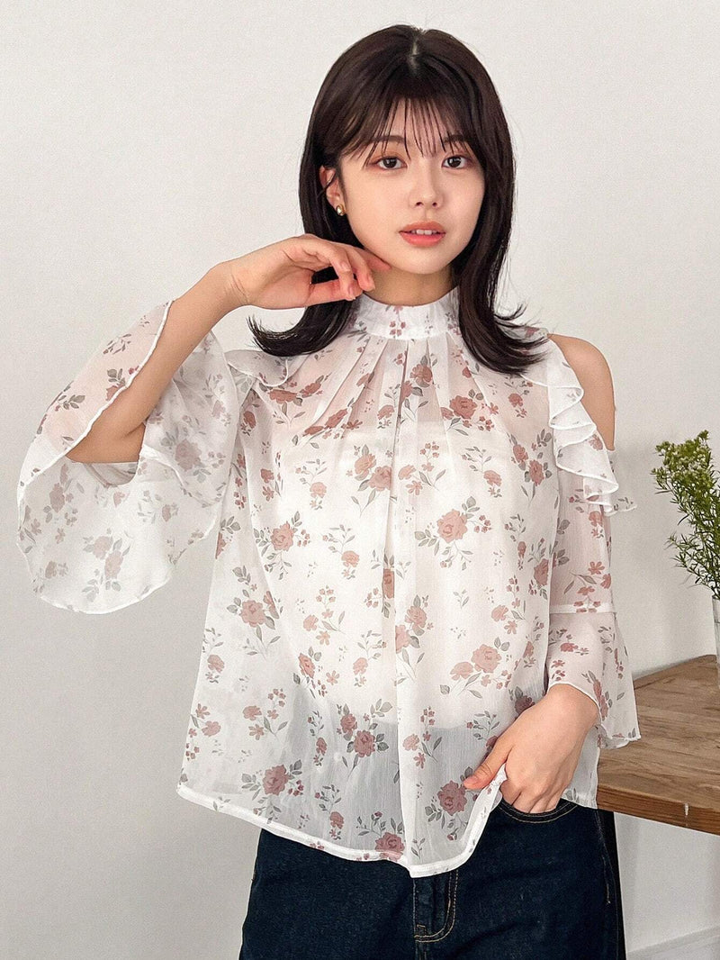 FRIFUL Blusa floral Jacquard con hombreras descubiertas, ribete de volantes y mangas con volantes