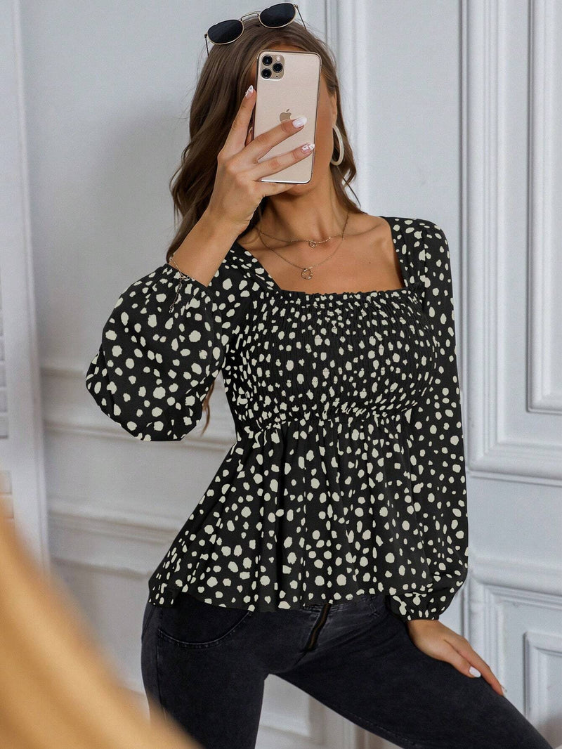 Camisa con cuello de manga larga con estampado floral sencillo para mujer