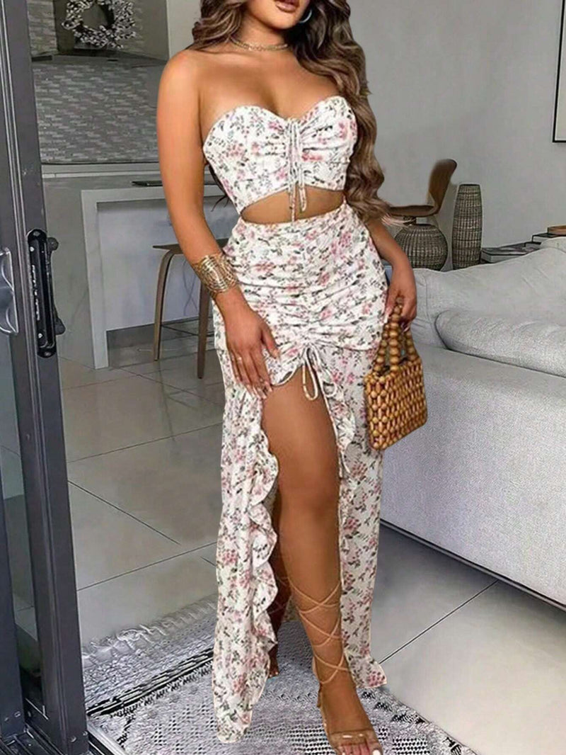 Prive conjunto de dos piezas de ropa de verano para mujer con top tubo plisado y falda larga con abertura, estampado floral diminuto romantico frances