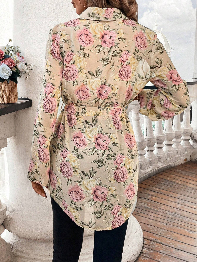 Camisa elegante de moda para mujer con estampado floral de hibisco con botones, manga larga y diseno con lazo a la cintura