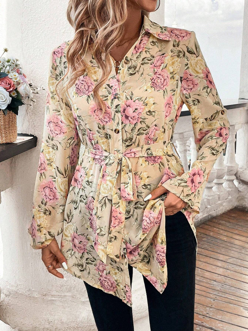 Camisa elegante de moda para mujer con estampado floral de hibisco con botones, manga larga y diseno con lazo a la cintura