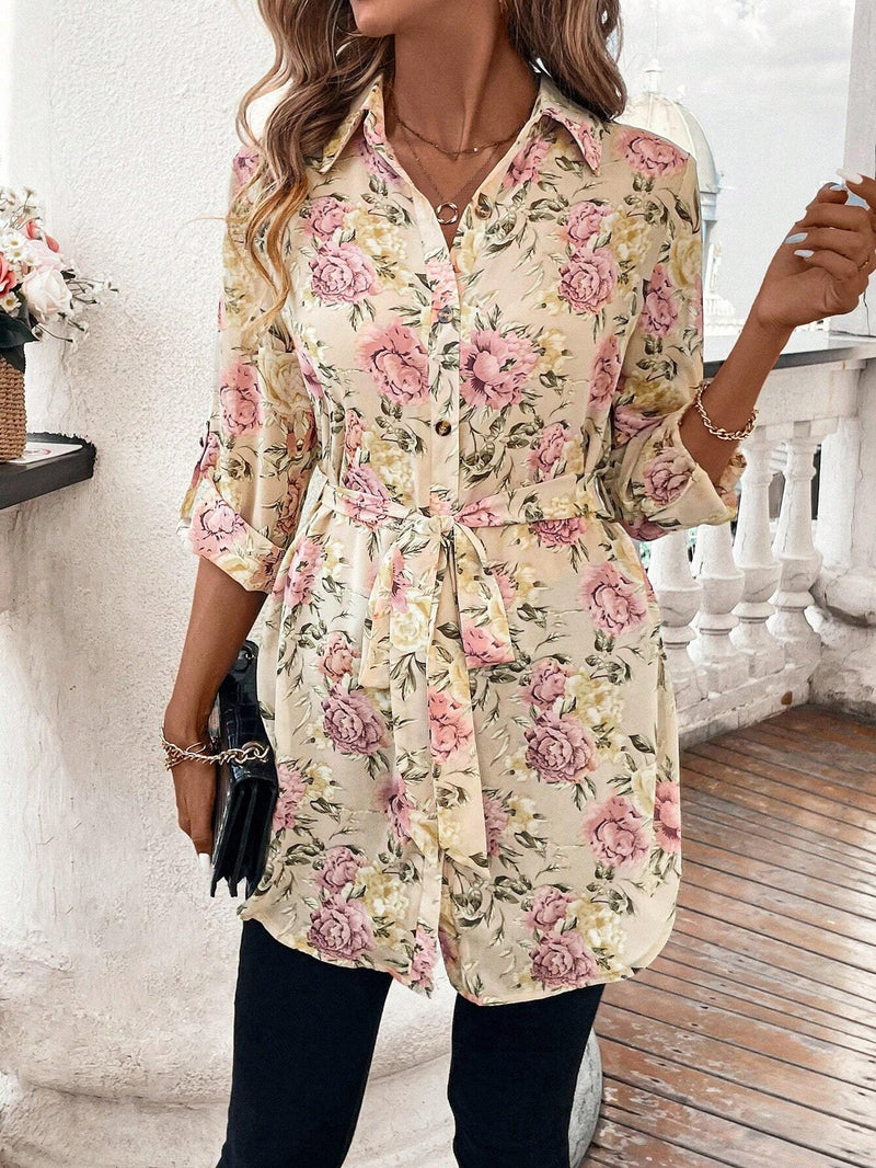 Camisa elegante de moda para mujer con estampado floral de hibisco con botones, manga larga y diseno con lazo a la cintura