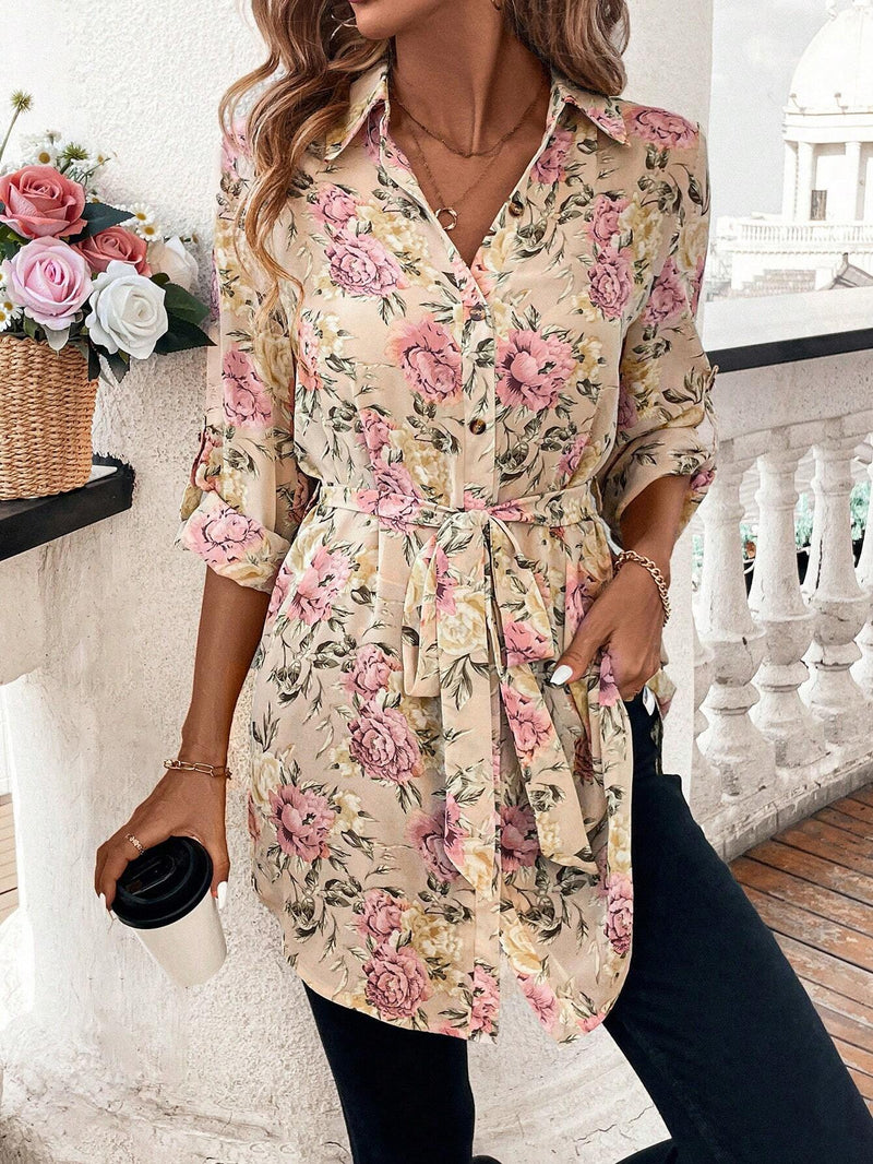 Camisa elegante de moda para mujer con estampado floral de hibisco con botones, manga larga y diseno con lazo a la cintura