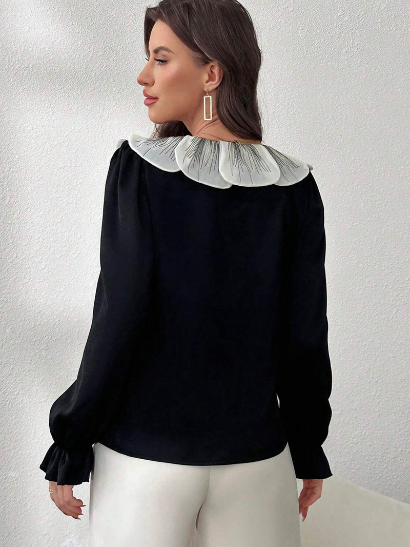 Mulvari Blusa casual suave con cuello Peter Pan, punos con volantes y abotonadura para mujer