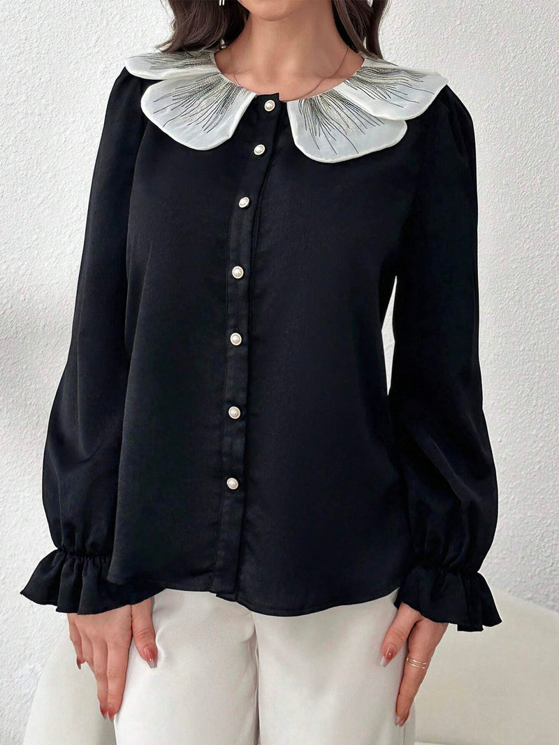 Mulvari Blusa casual suave con cuello Peter Pan, punos con volantes y abotonadura para mujer