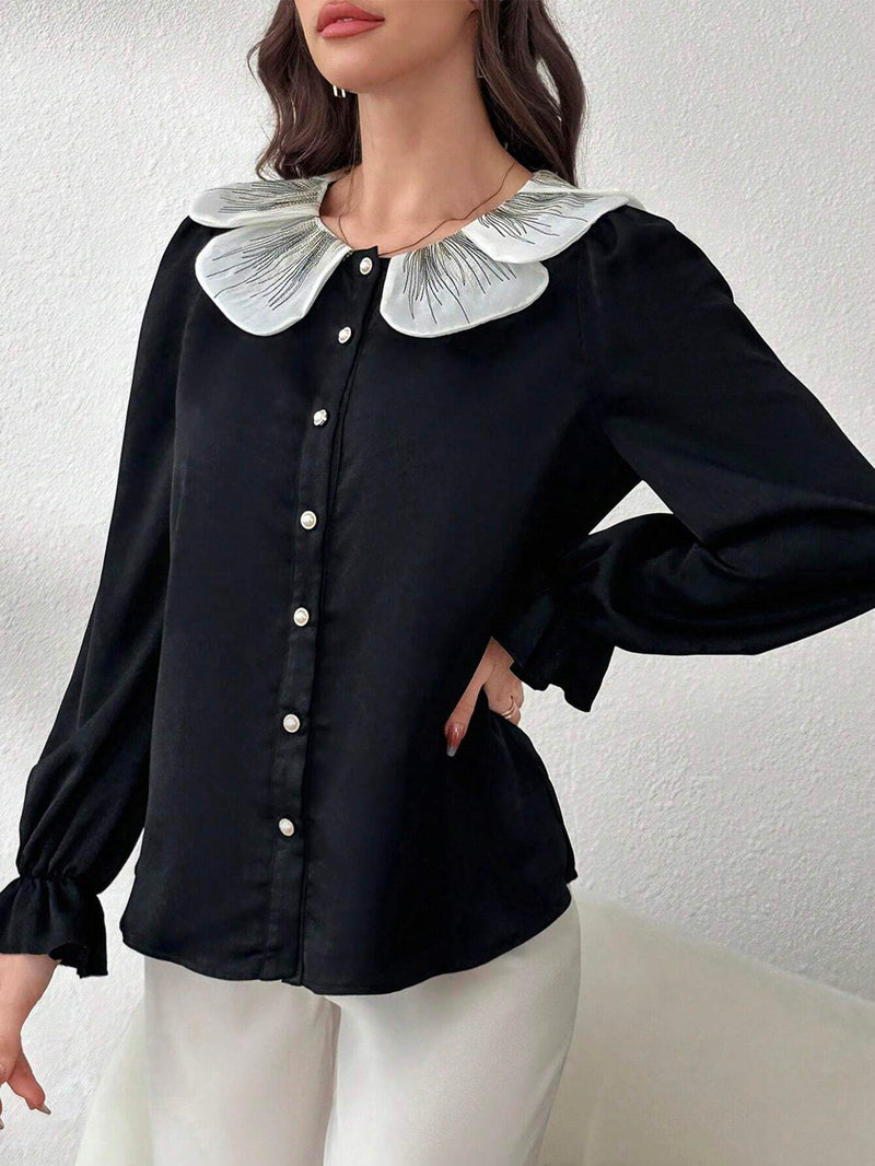 Mulvari Blusa casual suave con cuello Peter Pan, punos con volantes y abotonadura para mujer