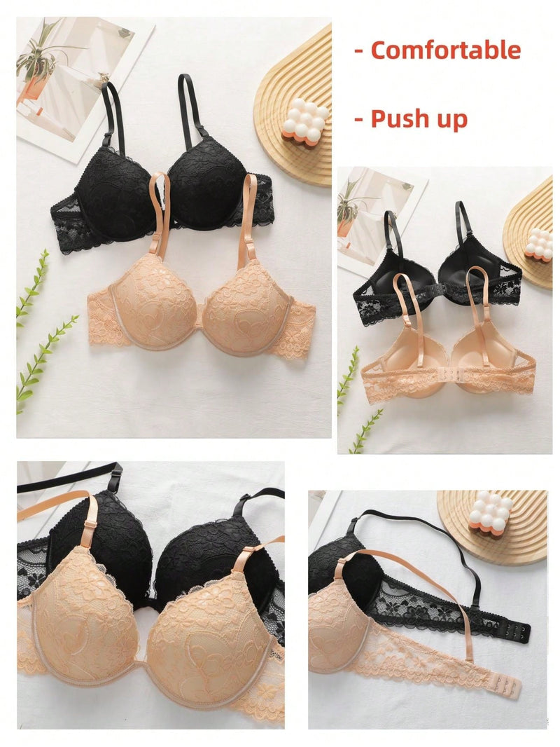 2 piezas de sujetadores con aros de encaje floral rojo/albaricoque con efecto push-up para mujer, ropa interior femenina con cierre trasero para busto/pecho pequeno, lenceria sexy y de unicolor para pechos pequenos, sosten de apoyo con tirantes