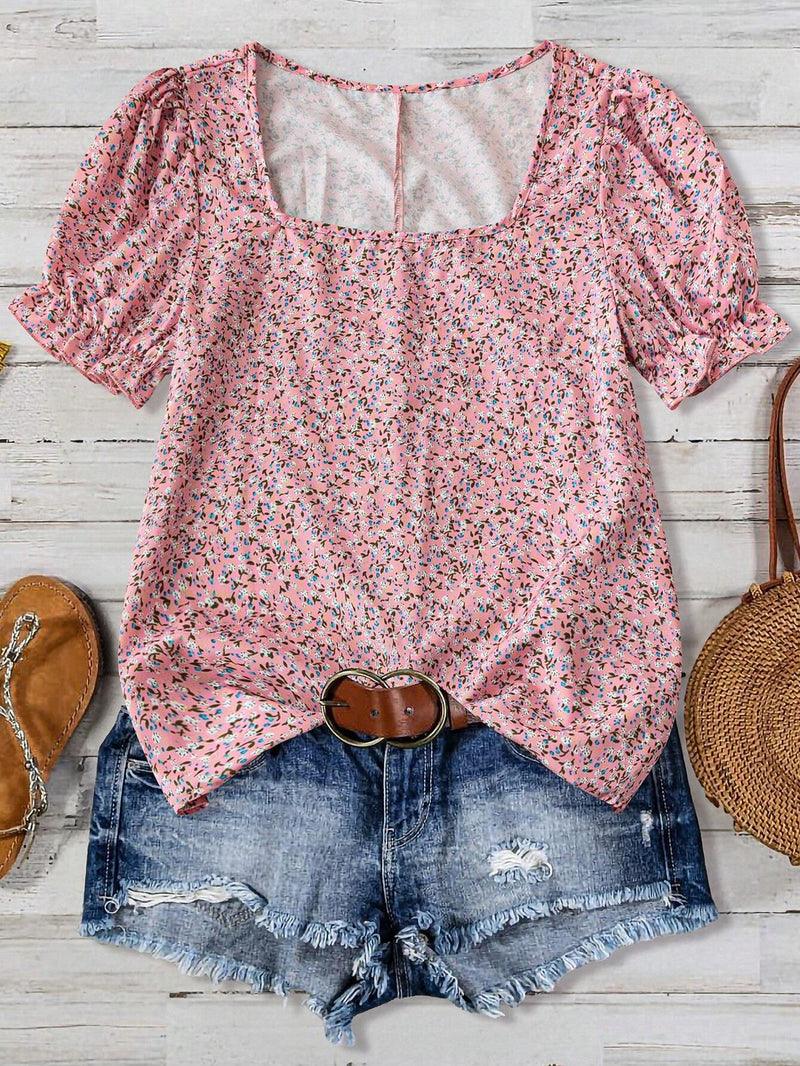 Blusa casual con mangas abullonadas y estampado floral para mujeres