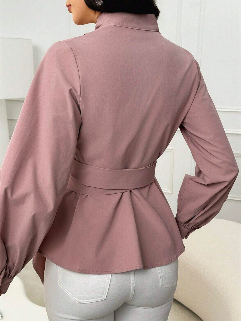 Blusa de manga farol elegante de unicolor con lazo a la cintura, primavera/otono para mujer