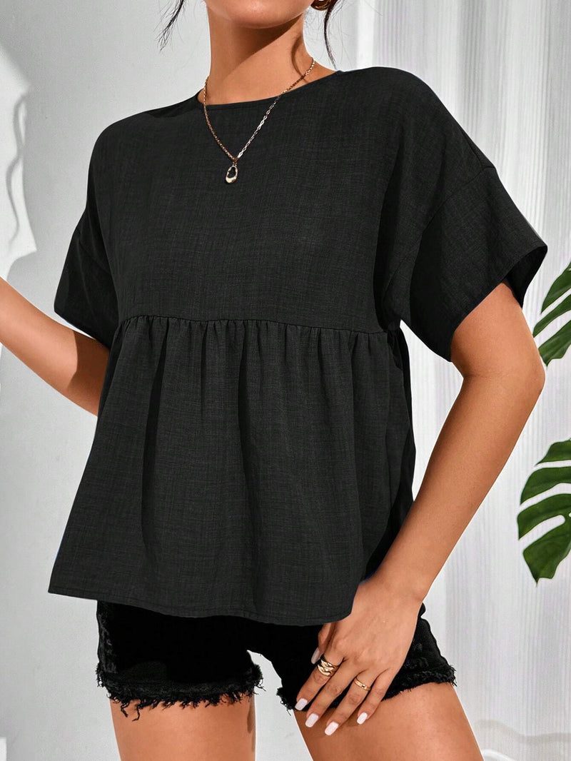 Blusa holgada de verano para mujer de unicolor, cuello redondo, manga corta