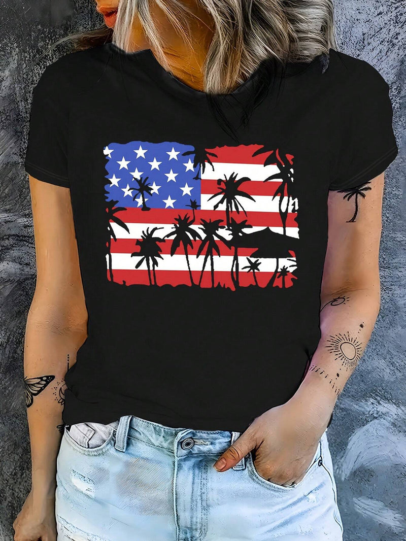 Camiseta de cuello redondo con estampado de bandera de EE. UU. informal para mujer, de verano