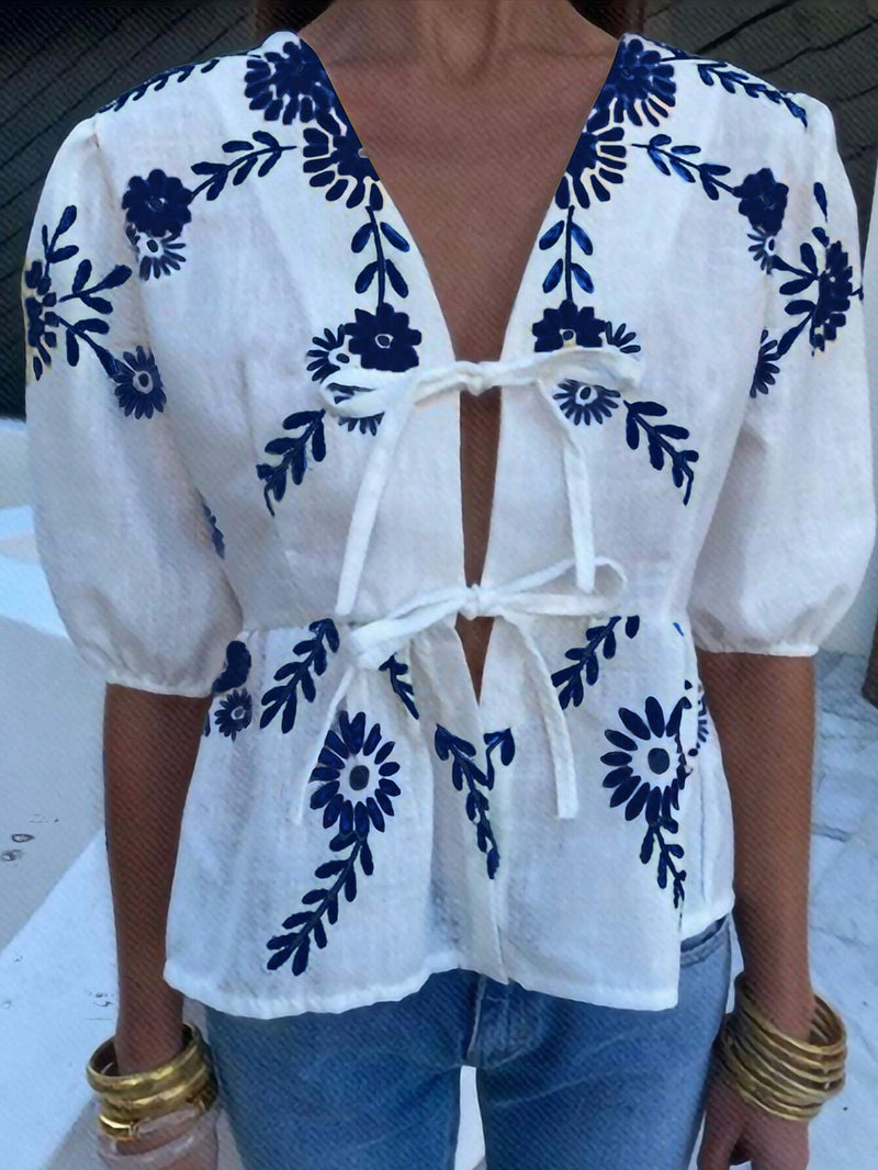 Camisa informal de manga abullonada con bordado de plantas para mujer, de verano