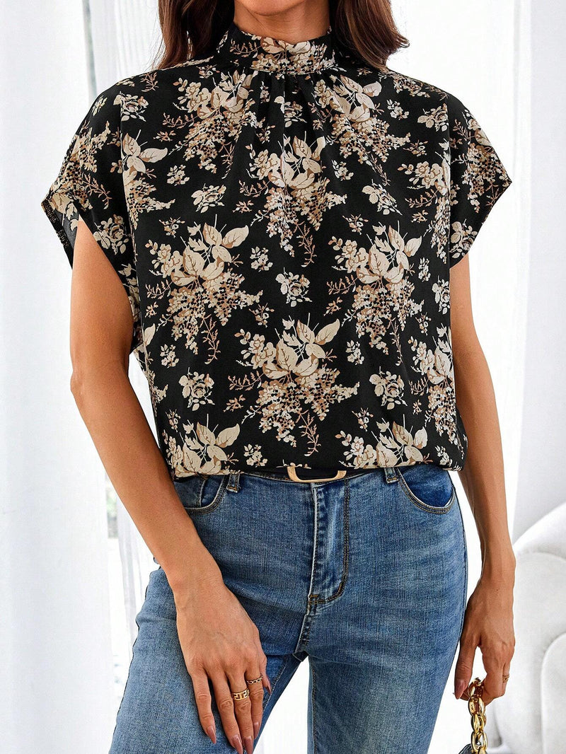 Blusa casual suelta y recta con cuello alto y espalda descubierta con estampado floral para mujer