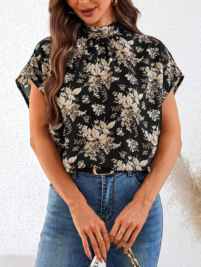 Blusa casual suelta y recta con cuello alto y espalda descubierta con estampado floral para mujer