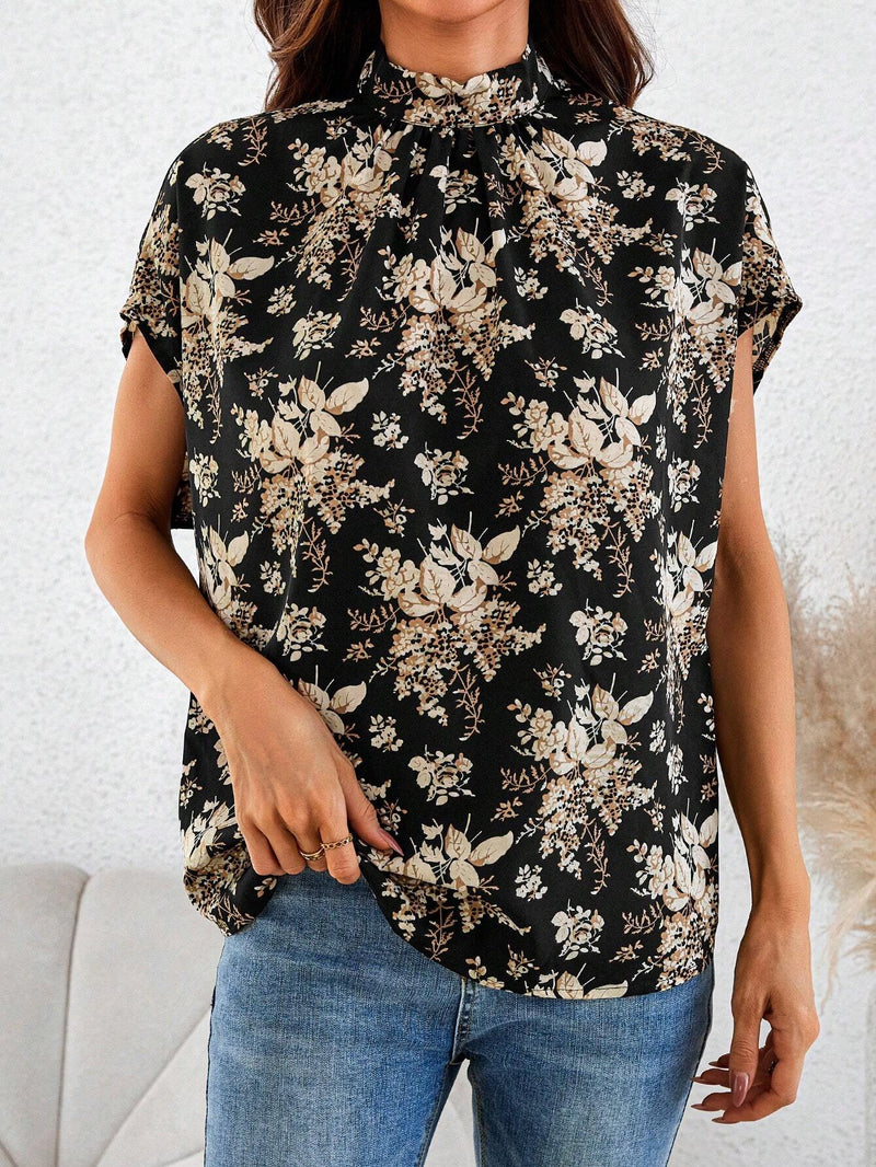 Blusa casual suelta y recta con cuello alto y espalda descubierta con estampado floral para mujer