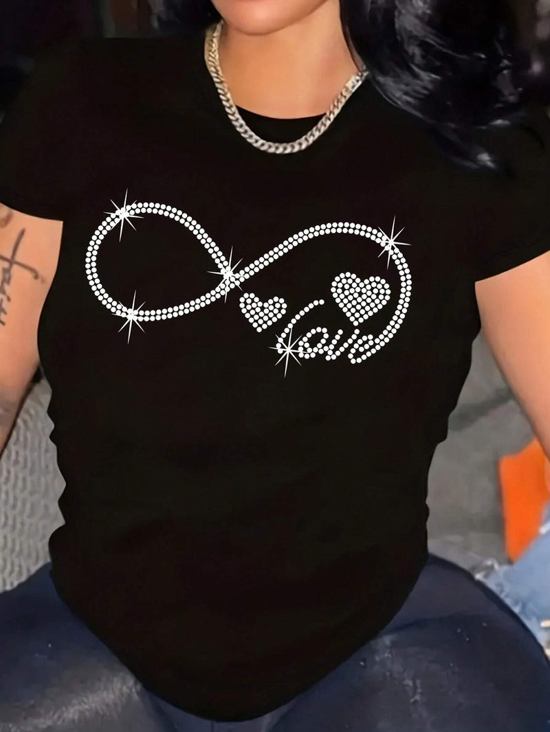 Camiseta casual de verano para mujer con cuello redondo, decoracion de rhinestones con letra y corazon