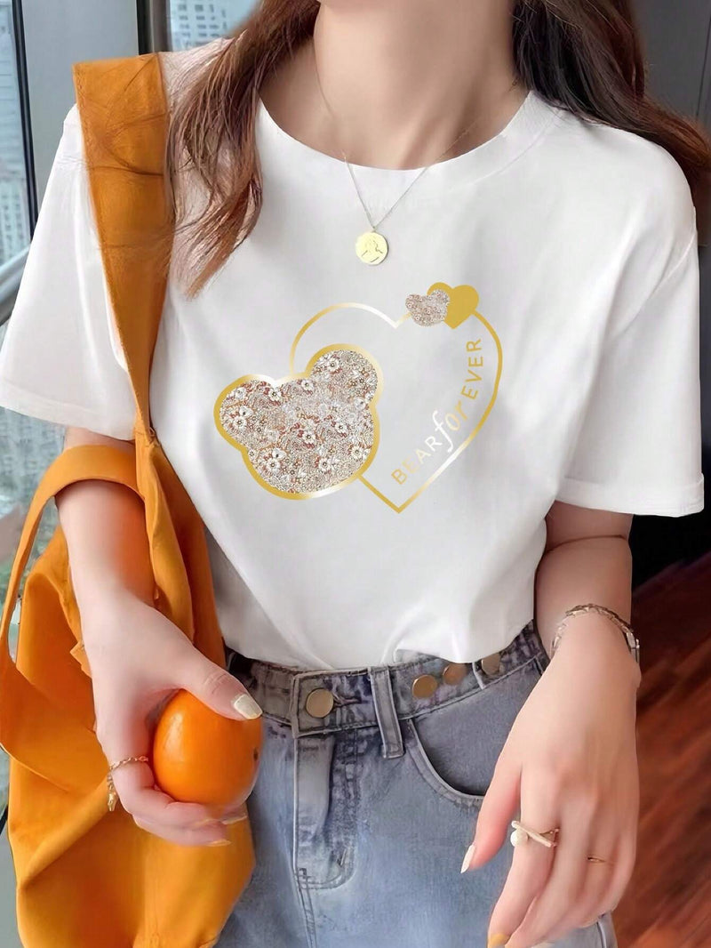 Camiseta de manga corta con cuello redondo y estampado grafico con perlas falsas, blusa casual de verano para mujer