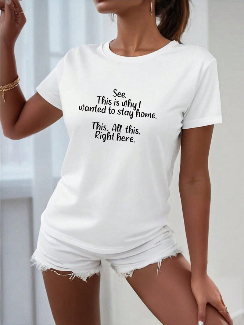 Camiseta de mujer de manga corta de verano informal con estampado de letra y cuello redondo