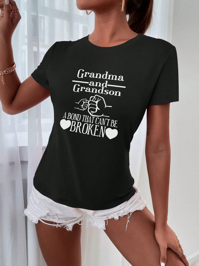 Camiseta de manga corta para mujer con impresion de golpe de punos entre abuela y nieto y letras, blusa de verano informal